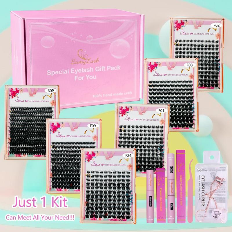 3D Fluffy False Eyelashes with Eyelash Extension Glue & Tweezers & Brush & Glue Remover & Eyelash Curler, Mixed Length Styles Mixed Extension DIY Cluster Lashes with Tools, Lashes Extension Kit, Stocking Fillers Gift, Christmas Gift