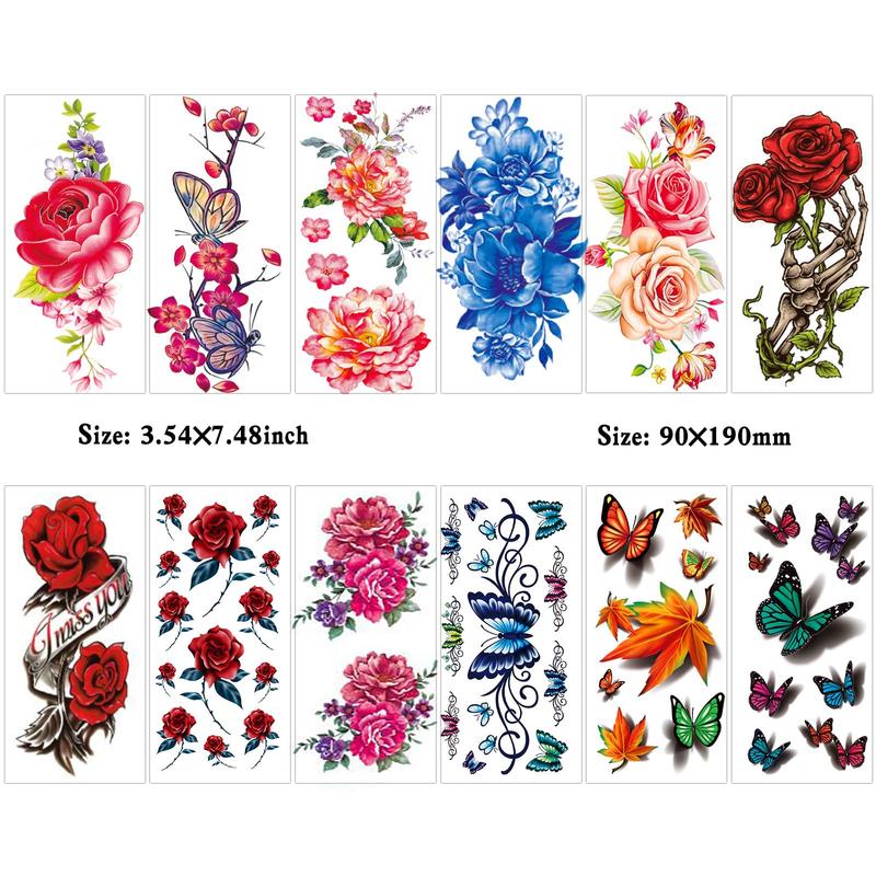 82 Sheets Flowers Tempor ary Tattoo Stickers, Roses, Butterflies and Multicolor Mixed Style Body Art Temporary Tattoos for Women,Girls Floral Waterproof