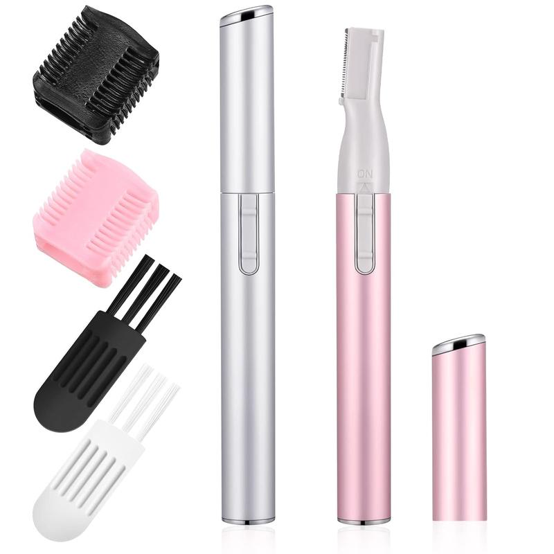 2 Pcs Electric Eyebrow Trimmer for Women, Mini Battery-Operated Facial Hair Remover with Comb – Precision Shaver for Face, Lips, Neck,Body-Pink+Silver