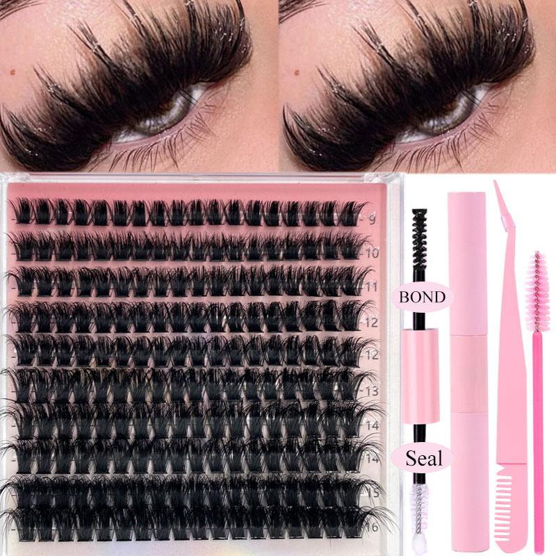 5D D Curl Thick False Eyelashes with Eyelash Extension Glue & Lashes Brush & Lashes Applicator Tool, 1 Set Mixed Length Fluffy Cluster Fake Lashes for Lashes Extensions, Eyelash Extensions Kit, Makeup Products, Fall Gift, Christmas Gift