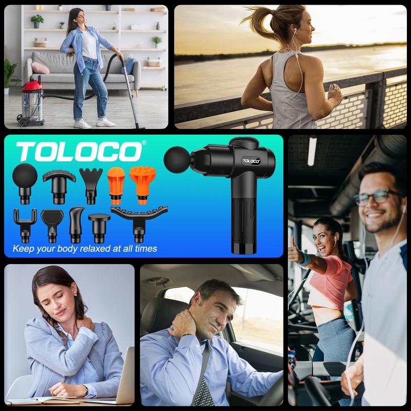 TOLOCO Massage Gun, Muscle Deep Tissue Massage Gun, Percussion massage gun with 10 replacement heads.