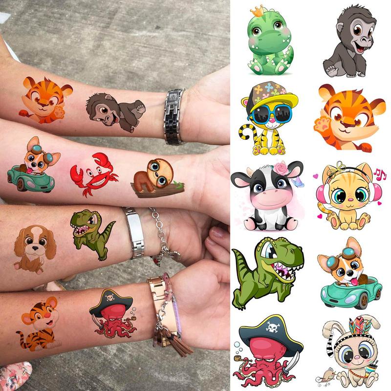 Animal Pattern Temporary Tattoo Sticker, 50pcs Cute Cartoon Fake Tattoo Decals, Colorful Body Art Decoration for Party Festivals Decor