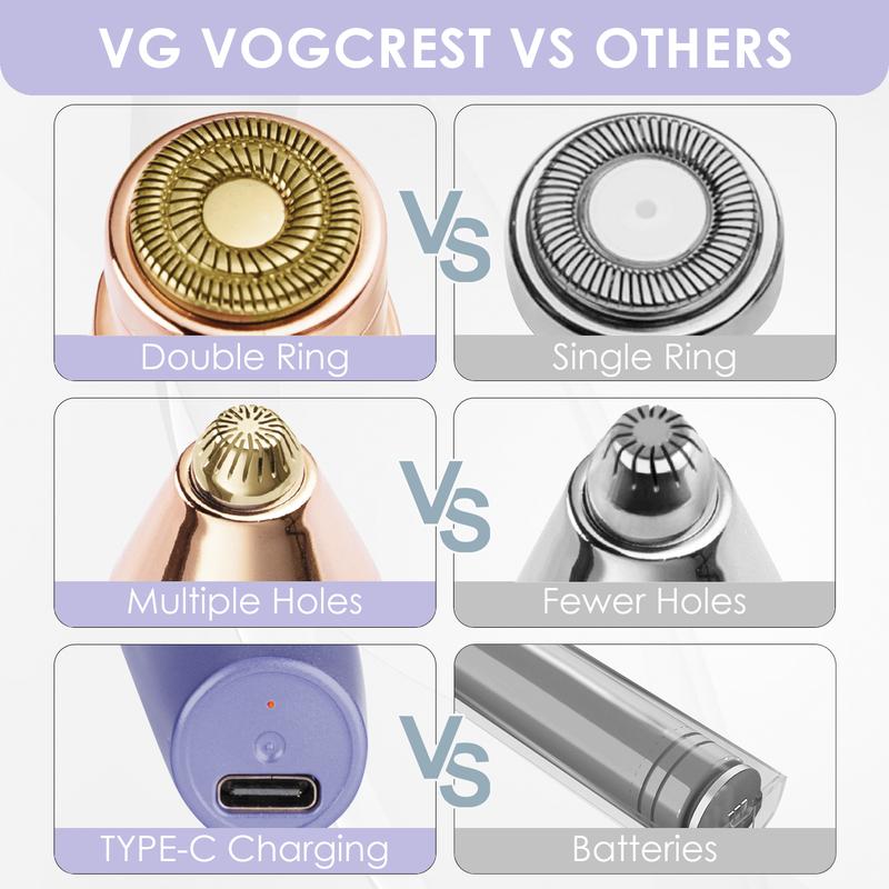 VG VOGCREST 2in1 Rechargeable Eyebrow Trimmer & Facial Hair Remover with LED Light - Painless Precision Shaver for Face, Lips, and Body - Comfort