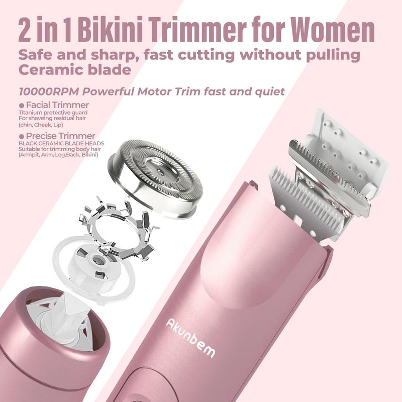 Bikini Trimmer for Women, Akunbem Electric Shaver and Razor Rechargeable 2-in-1 Body and Facial Hair Removal Double Head for Painless Trimming of Pubic Face Underarm Legs, IPX7 Waterproof, pink