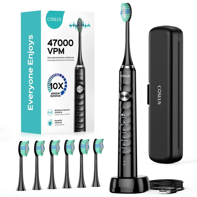 COSLUS Electric Toothbrush with 6 Replacement Brush Heads, 47,000 VPM, 10x Cleaning Power, Wireless Inductive Charging Stand, IPX7 Waterproof, Includes Mini Travel Case for Easy Travel, Suitable for Whole Family Use