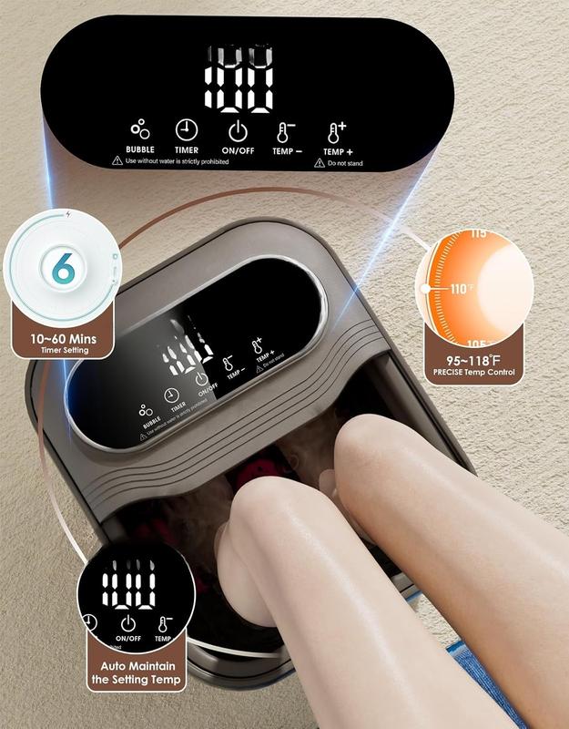 Collapsible Foot Spa with Heat, Bubble and Temp Control, Foot Bath Massager with XL Touch Screen and Massage Rollers, Foot Soaking Tub, Pedicure Foot spa for Stress Relief (Grey)