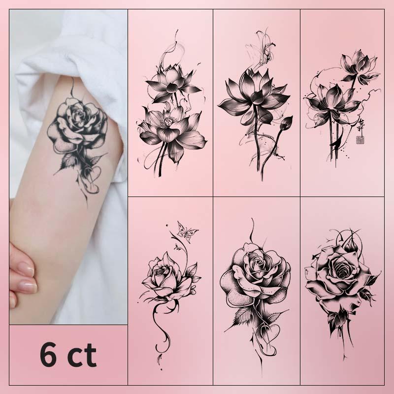 Flower Pattern Temporary Tattoo Sticker, 6 Counts set Waterproof Long Lasting Fake Tattoo Sticker, Body Art Sticker for Women & Girls