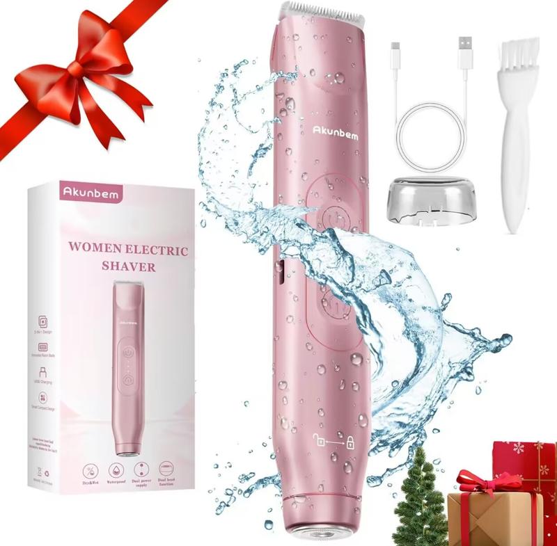 Akunbem Bikini Trimmer for Women, Electric Shaver and Razor Rechargeable 2-in-1 Body and Facial Epilator, Dual Heads for Painless Trimming of Pubic Hair, Face, Underarms and Legs, IPX7 Waterproof. Christmas Gift New Year Gift