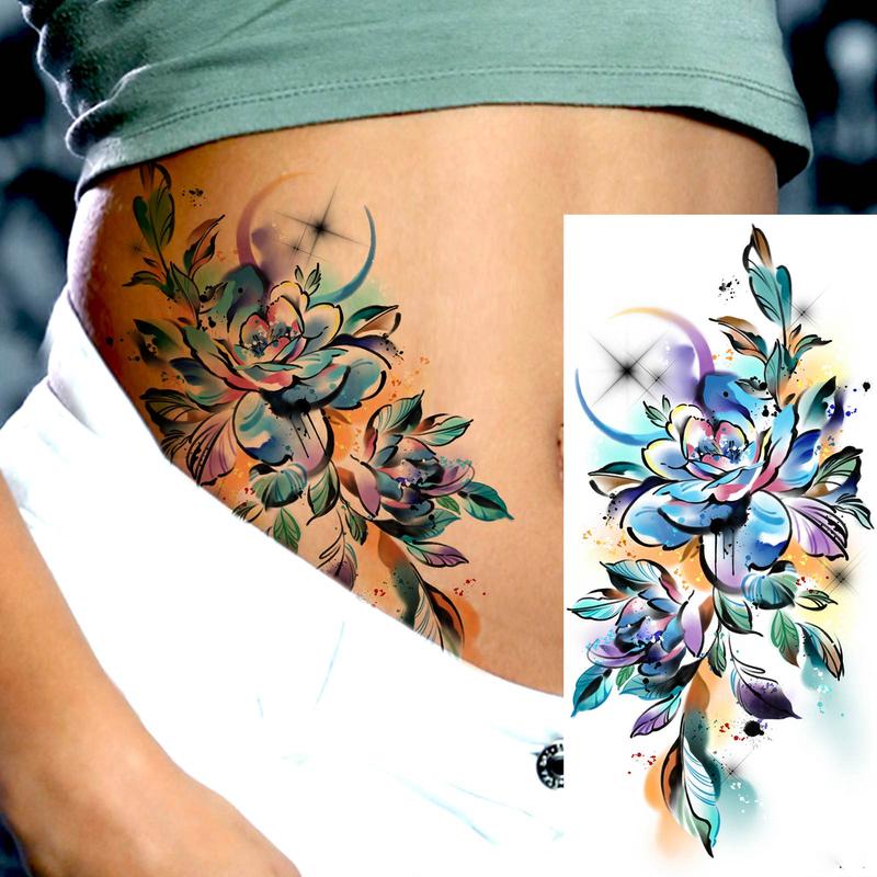 Watercolor Flower Pattern Temporary Tattoo Sticker, 1 Sheet Fake Tattoo Sticker, Body Art Tattoo Sticker for Women & Girls