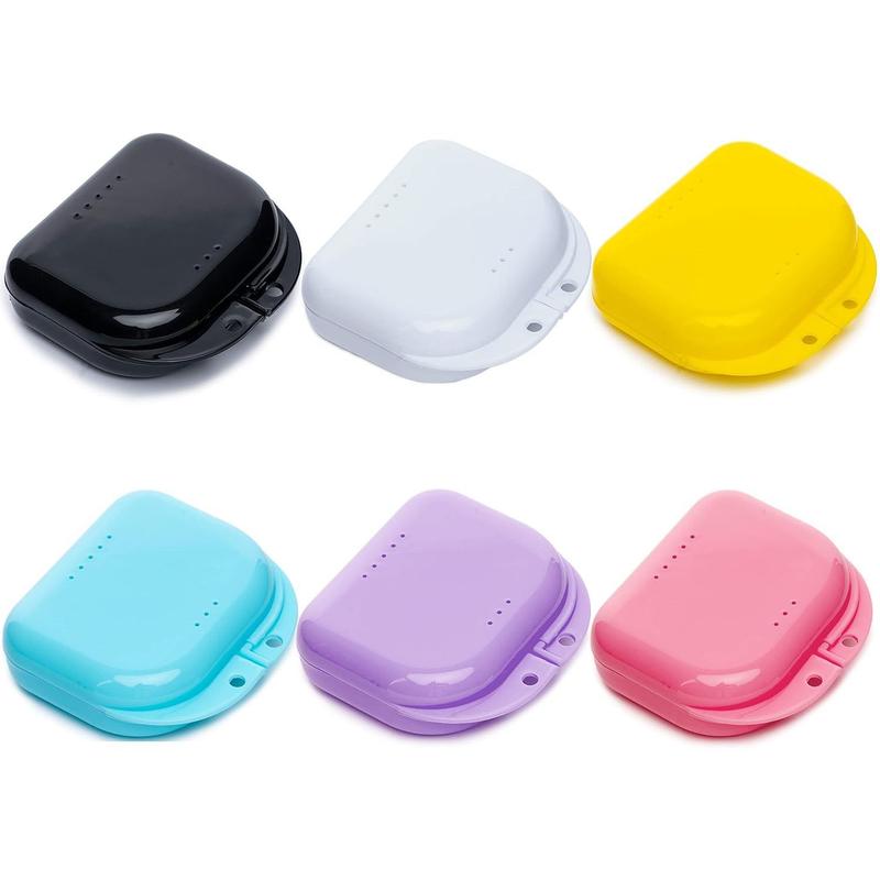 Retainer Case with Vent Holes.6 Pcs Denture Case.Tight Snap Lock Orthodontic Mouth Guard Case. Black.White.Yellow.Light Purple.Pink and Blue.Easy sto Ue Oral