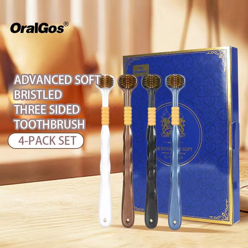 4-Piece 3-Sided Toothbrush Set for Adults – Soft Bristles for Comprehensive Teeth and Gum Care, Suitable for Adults and Teens (Black, White, Brown, Blue)