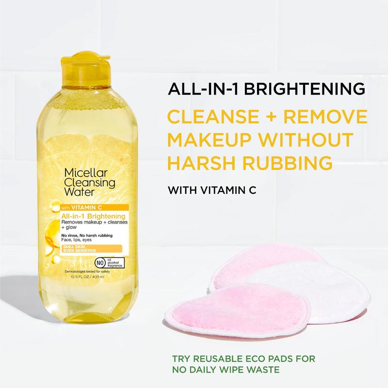 Micellar Water with Vitamin C, Facial Cleanser & Makeup Remover, Brightening & Hydrating, For All Skin Types, Vegan, Cruelty Free, 13.5 Fl Oz (400mL), 1 Count   Cosmetic Gentle