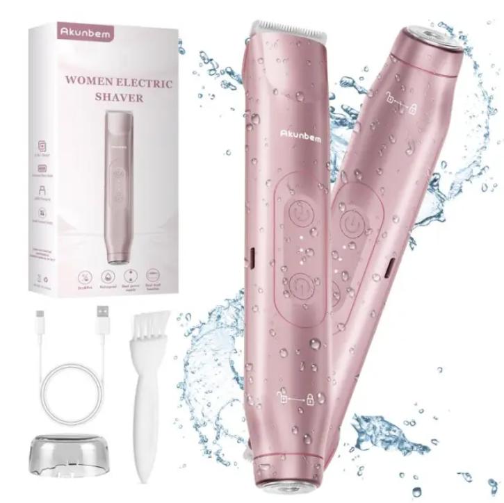 Bikini Trimmer for Women, Akunbem Electric Shaver and Razor Rechargeable 2-in-1 Body and Facial Hair Removal Double Head for Painless Trimming of Pubic Face Underarm Legs, IPX7 Waterproof, pink Portable Rechargeable Hair Removal Tool women's  electric