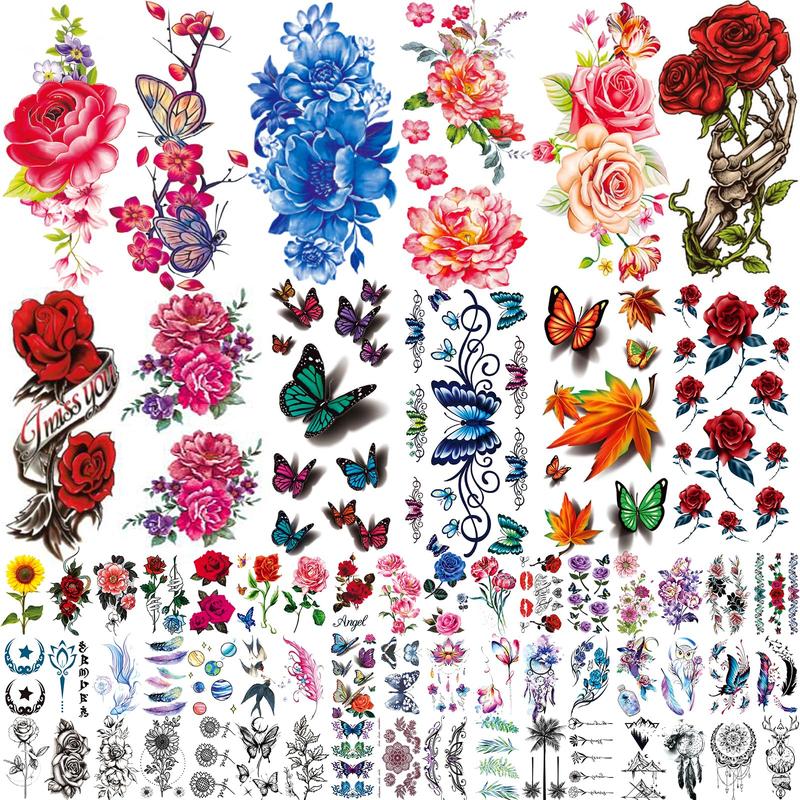 82 Sheets Flowers Tempor ary Tattoo Stickers, Roses, Butterflies and Multicolor Mixed Style Body Art Temporary Tattoos for Women,Girls Floral Waterproof