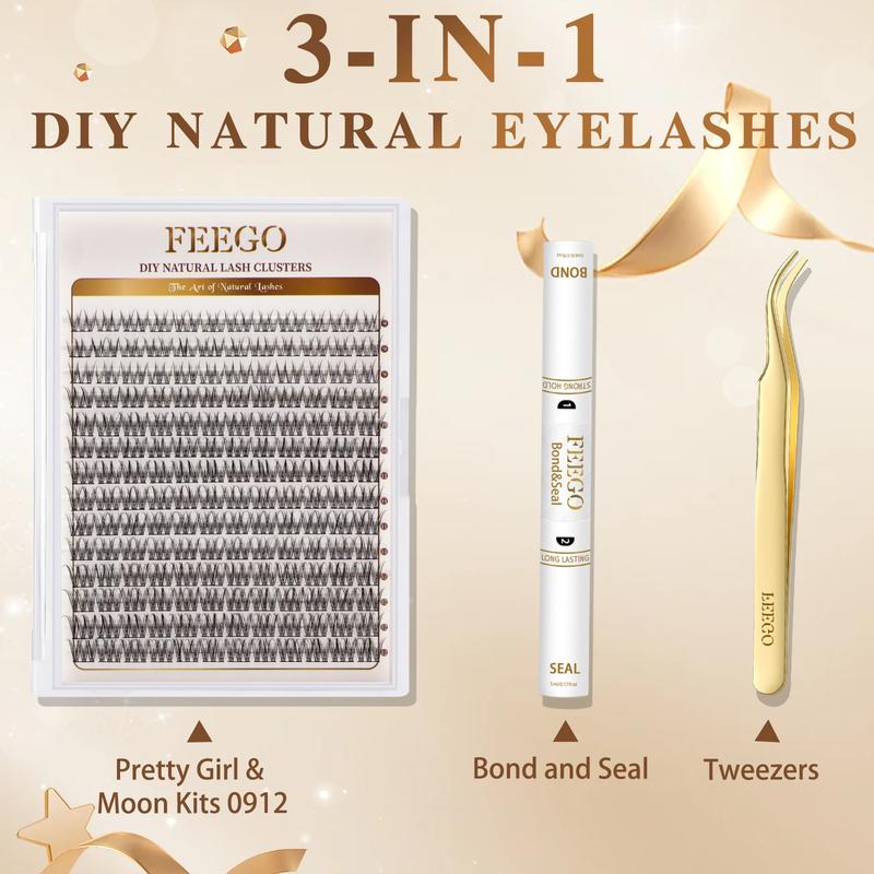 FEEGO Natural Look Lash Extensions Kit Individual Lash Clusters 9-12mm Waterproof Wispy Short C Curl Super Thin Band with Bond & Seal Tweezer for DIY Eyelash Extension at Home Beginners friendly Women&Girls Cosmetic Makeup