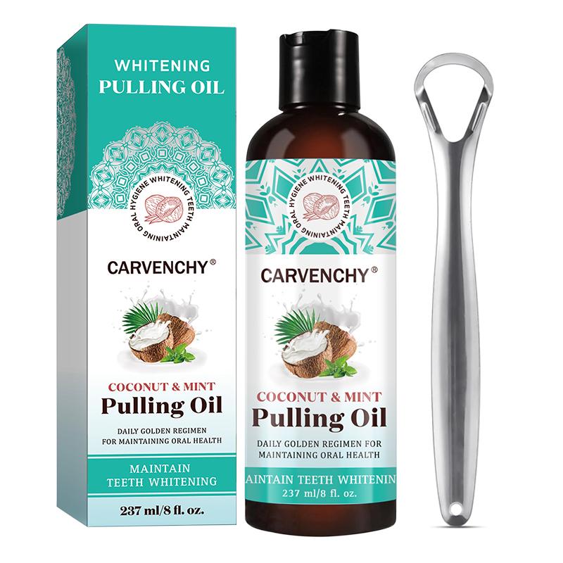 Pulling Oil with 7 Essential Oils & Vitamins D, E & K2, Coconut Mint Mouthwash, Pulling Oil, Mint Oil Pulling Mouthwash with Tongue Scraper, Teeth Coco Mint Pulling Oil