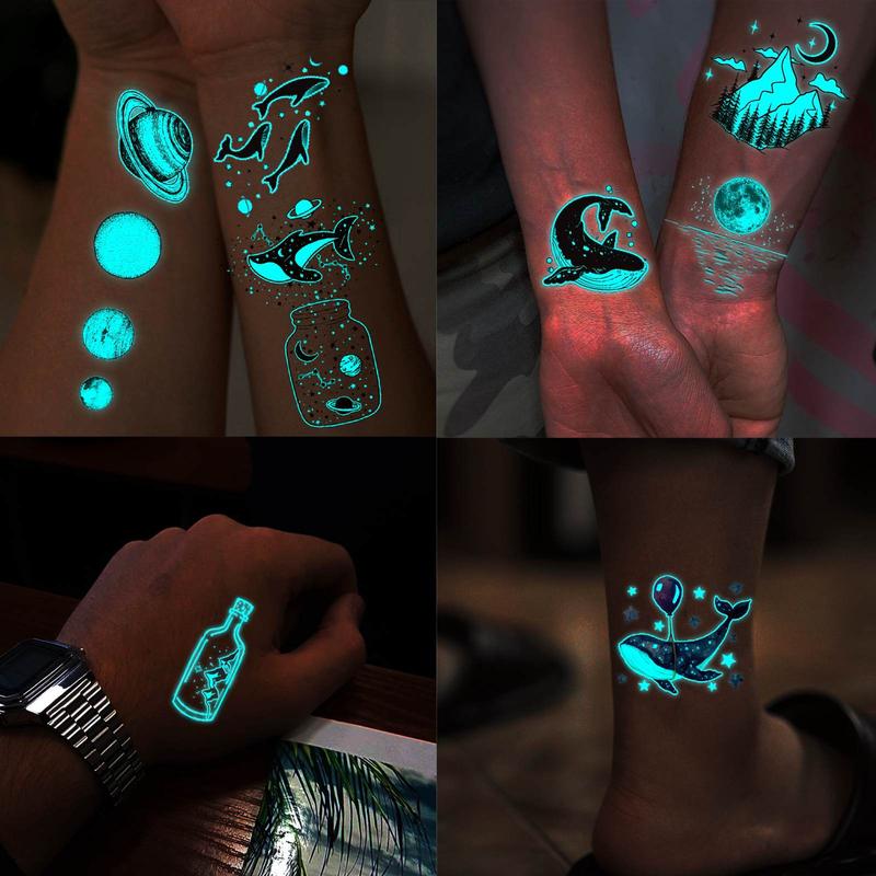 Christmas Glow in the Dark Temporary Tattoo Sticker, 12pcs set Butterfly & Snake & Moon & Deer Pattern Fake Tattoo Sticker, Body Art Decoration for Women & Men