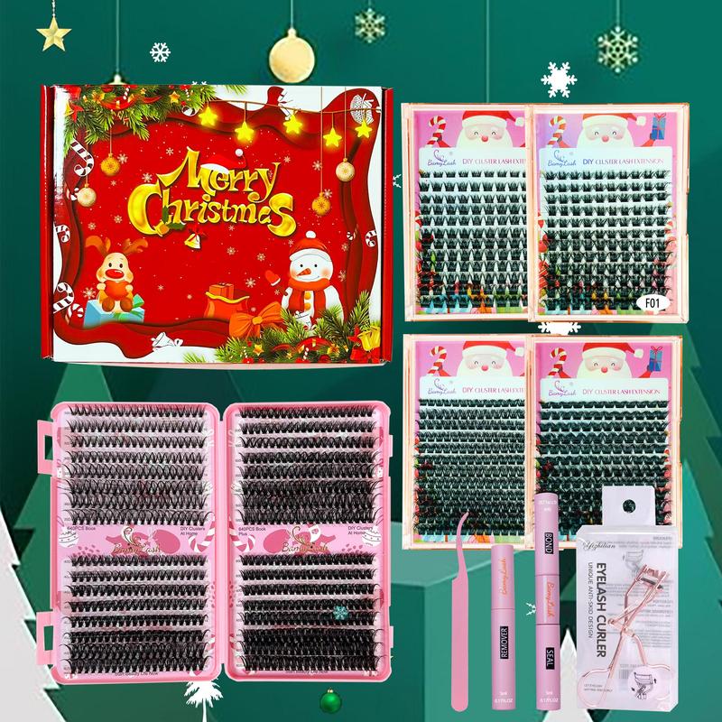 3D Fluffy False Eyelashes with Eyelash Extension Glue & Tweezers & Brush & Glue Remover & Eyelash Curler, Mixed Length Styles Mixed Extension DIY Cluster Lashes with Tools, Lashes Extension Kit, Stocking Fillers Gift, Christmas Gift