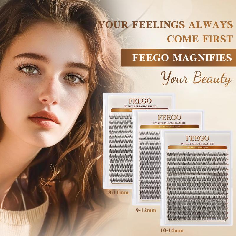 FEEGO Natural Look Lash Extensions Kit Individual Lash Clusters 9-12mm Waterproof Wispy Short C Curl Super Thin Band with Bond & Seal Tweezer for DIY Eyelash Extension at Home Beginners friendly Women&Girls Cosmetic Makeup