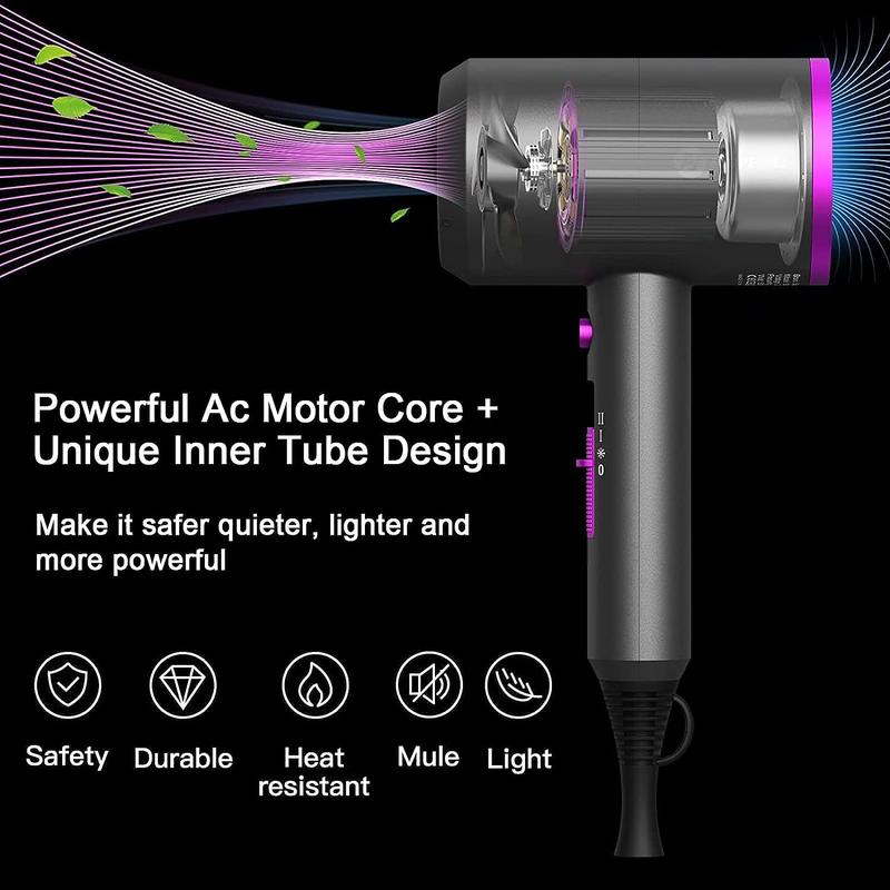 Professional Ionic Hair Dryer - 1800W Power, Fast Drying, Low Noise, with 2 Concentrator Nozzles and 1 Diffuser Attachments