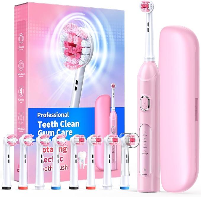 Adult Rotating Electric Toothbrush with 8 Brush Heads (2 Types), 4 Deep Cleaning Modes, Efficient Charging and Long Battery Life, Waterproof