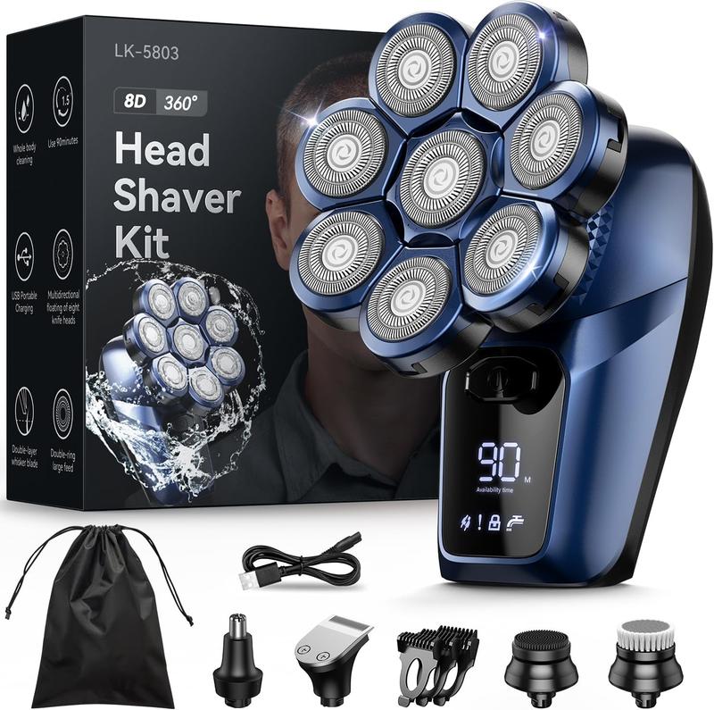 8D Head Shavers for Bald Men, Bazivve Upgraded Men's Rotary Shaver with Nose Hair Trimmer, Waterproof Electric Razor Grooming Kit with LED Display, Cordless, Portable Comfort