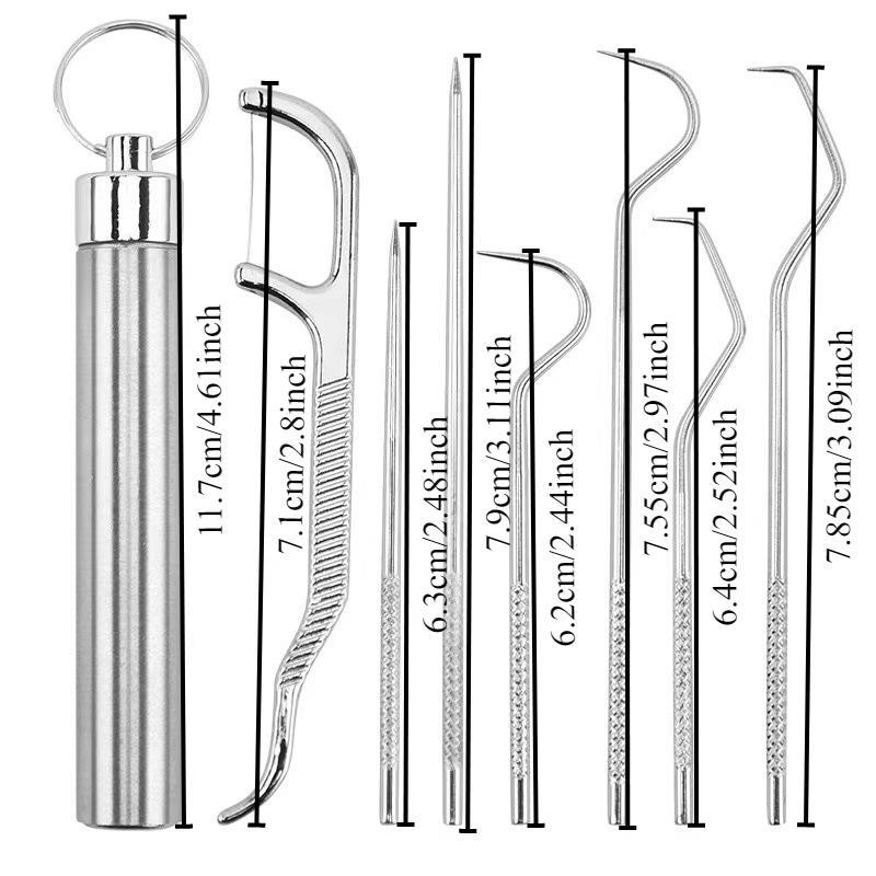 Stainless Steel Toothpick Tool Set, 7 Counts set Portable Oral Teeth Cleaning Tool Set, Multifunctional Toothpick Tool Set for Home & Travel