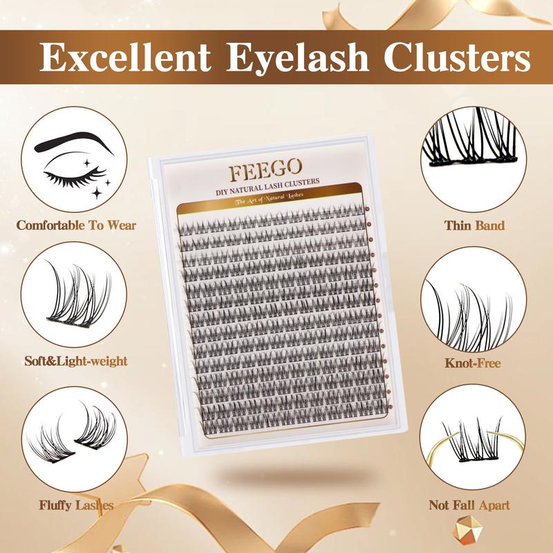 FEEGO Natural Look Lash Extensions Kit Individual Lash Clusters 9-12mm Waterproof Wispy Short C Curl Super Thin Band with Bond & Seal Tweezer for DIY Eyelash Extension at Home Beginners friendly Women&Girls Cosmetic Makeup