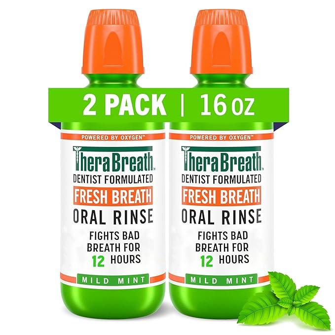 TheraBreath Fresh Breath Mouthwash, Mild Mint Flavor, Alcohol-Free, 16 Fl Oz (2-Pack) Oral Daily Gentle Sensitive