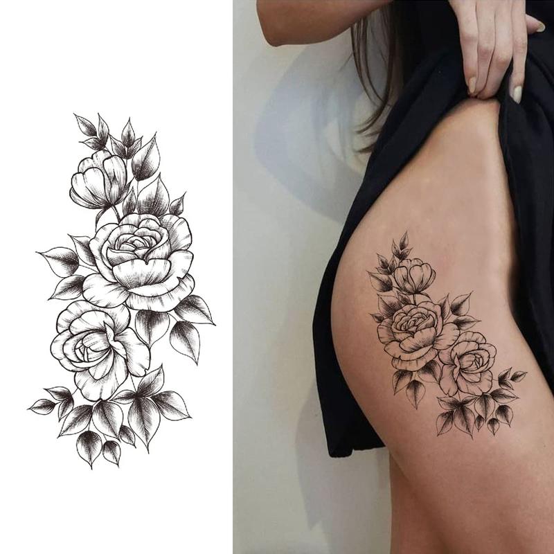 68 Sheets of Realistic Black Rose Peony Temporary Tattoos: Body Art for Women, Arm Sleeves with Snake-Inspired Floral Sketch Designs Flower Halloween