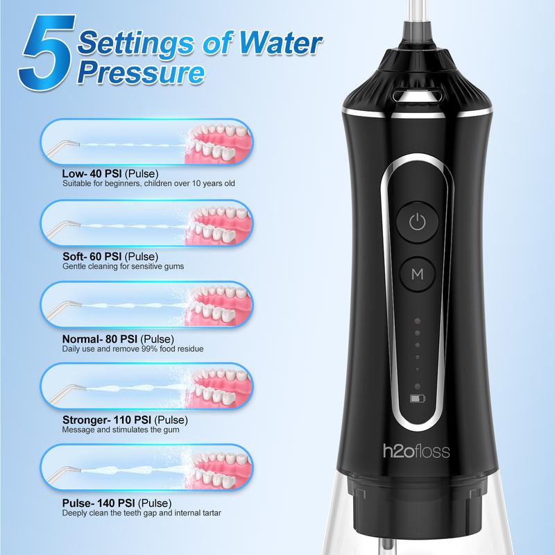 H2ofloss Water Flosser 300ML - 5 Modes, IPX7 Waterproof, Cordless Oral Irrigator P11-Black