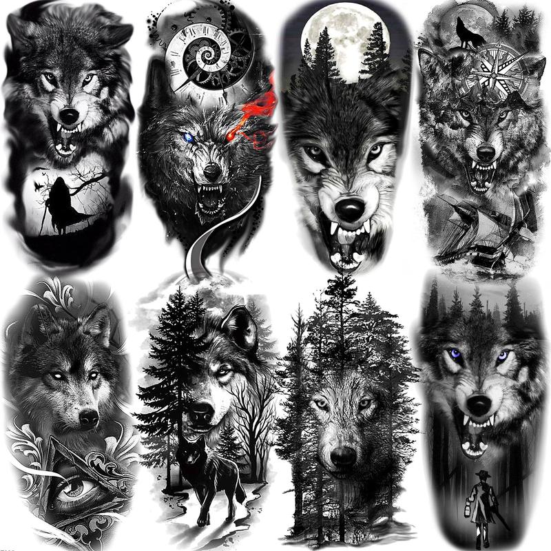 Wolf Pattern Temporary Tattoo Sticker, 8 Counts set Fake Hands Tattoo Sticker, Waterproof Body Decoration for Women & Men, Fake Tattoo, Christmas Gift