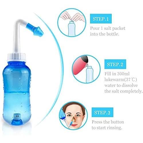 Neti Pot Sinus Irrigator, Nasal Rinse Bottle Nasal Rinse Bottle Cleaner Pressure Irrigation Neti Pot with Sticker Thermometer for Adults and Kids (300ml with 30 Neti Salt Packets, Blue) Thanksgiving, Christmas, New Year Gift