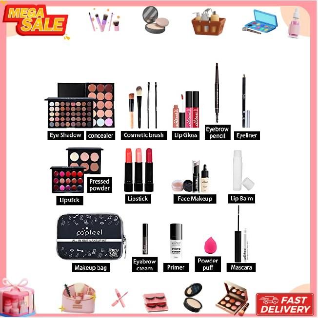 All in One Makeup Kit for Women Full Kit Girls Makeup Gift Sets Xmas Essential Bundle Include Eyeshadow Palette Lipstick Blush Concealer Eyeliner Clear Color