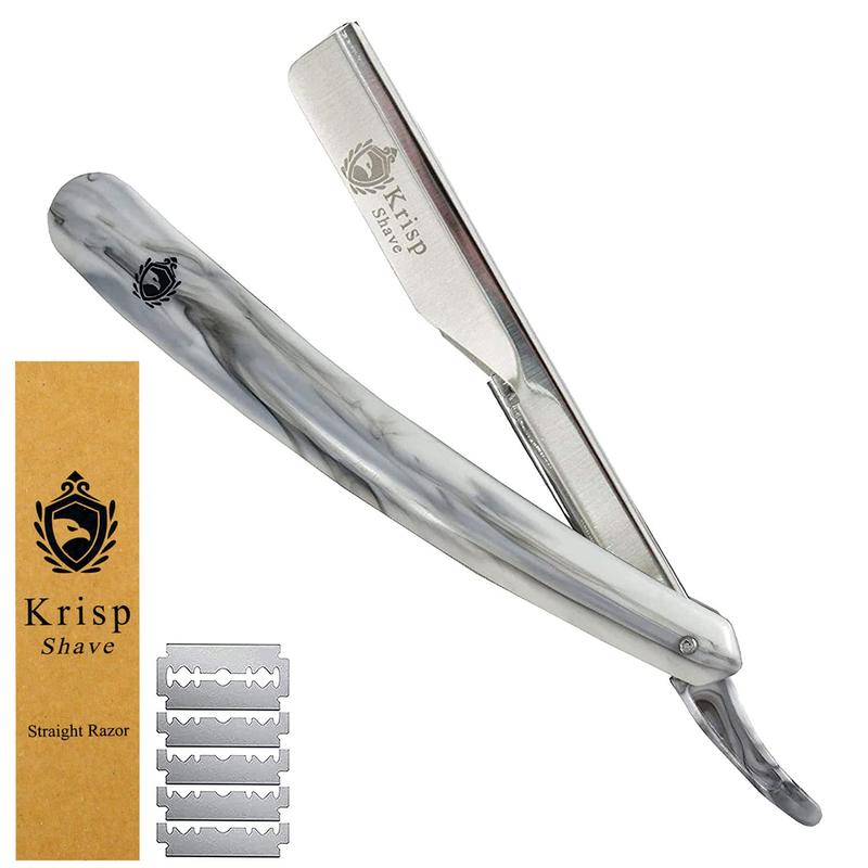 Professional Classic Straight Edge Barber Razor For Close Shaving - Salon Quality Men's Beard Cut Throat Finger Razor Shavette With 10 Shaving Blades By Krisp Beauty Easy to Use Manual Shaving Sensitive Skin Durable Kit Plastic Handle Stainless Comfort