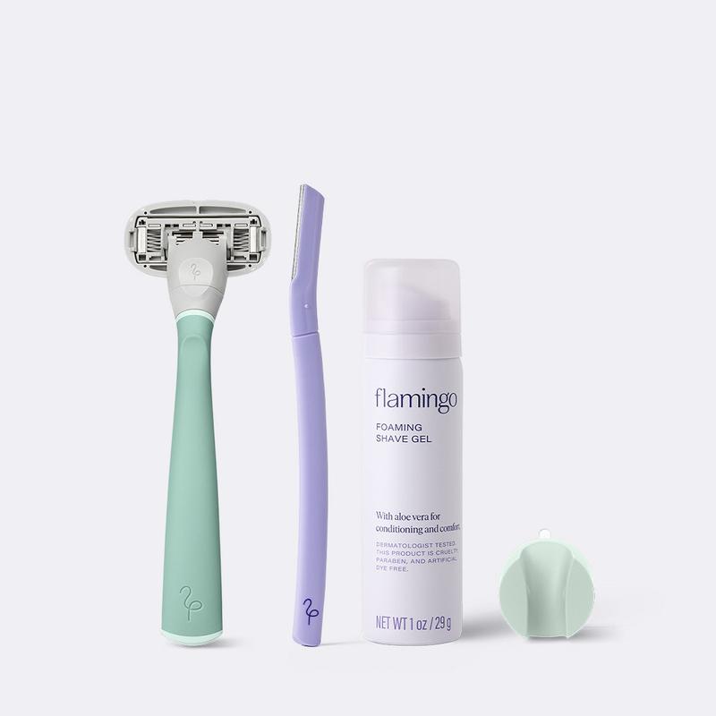 Flamingo Shave & Dermaplane Starter Set with Razor, Foaming Shave Gel, and Disposable Dermaplane Razor Flawless Handle