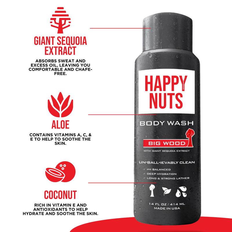 HAPPY NUTS Big Wood Body and Nut Wash - Moisturizing Men's Shower Gel, Natural Bodywash with Deep Cleanse for Sensitive Skin - Men's Body Soap