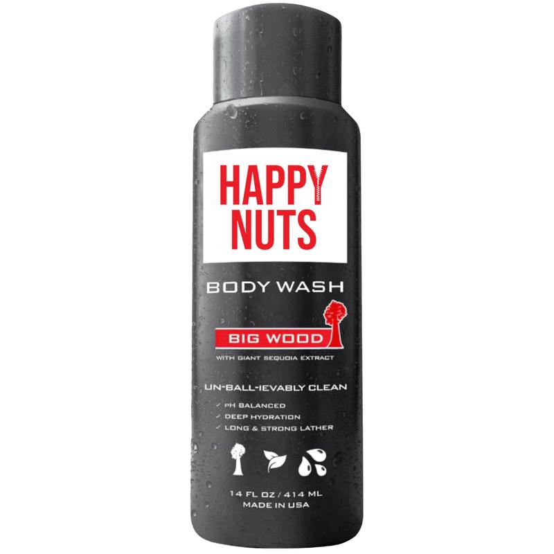 HAPPY NUTS Big Wood Body and Nut Wash - Moisturizing Men's Shower Gel, Natural Bodywash with Deep Cleanse for Sensitive Skin - Men's Body Soap