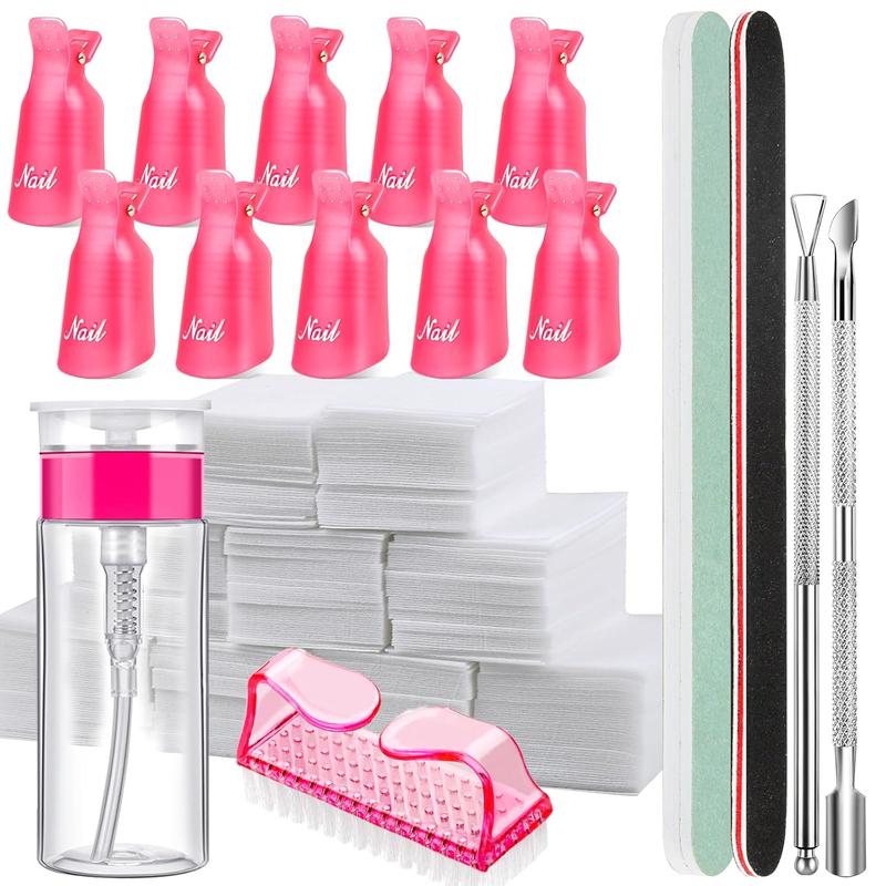 FANDAMEI Nail Polish Gel Remover Tools Kit with Nail Clips, 100ml Nail Polish Remover Bottle, 500 Nail Remover Cotton Pad, Nail Brush, Cuticle Pusher Peeler, 100 180 Nail File,Buffer Block