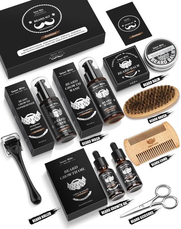 Beard Gift Kit, Beard Growth Kit, Beard Grooming Kit with 2 Pack Beard Original Oil, Beard Brush, Wash Conditioner for After Shave Lotions- Sandalwood,Balm,Combs, Christmas Valentine's Day Fathers Gifts for Men Dad Husband Boyfriend Hair Care Cleansing