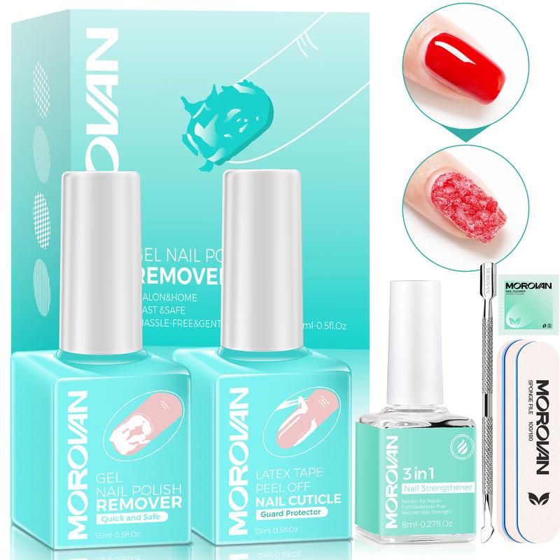 MOROVAN Gel Polish Remover Kit - Gel Nail Polish Remover Set with Latex Tape Peel Off Liquid with Cuticle Pusher Peeler Cuticle Oil Nail File Cleaner Quick & Easy No Need for Foil Soaking Or Wrapping