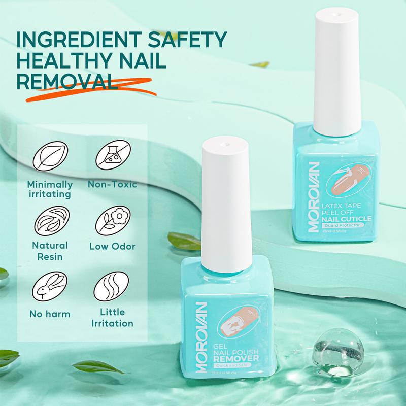 MOROVAN Gel Polish Remover Kit - Gel Nail Polish Remover Set with Latex Tape Peel Off Liquid with Cuticle Pusher Peeler Cuticle Oil Nail File Cleaner Quick & Easy No Need for Foil Soaking Or Wrapping