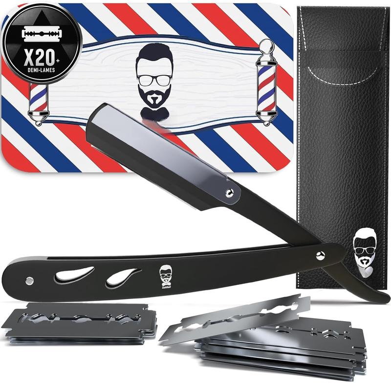 Straight edge razor Barber Straight Razor Kit for Men | Premium | 20 Half Blades Shaving Blade Set with Leather Case | Beard and Face Grooming Accessories