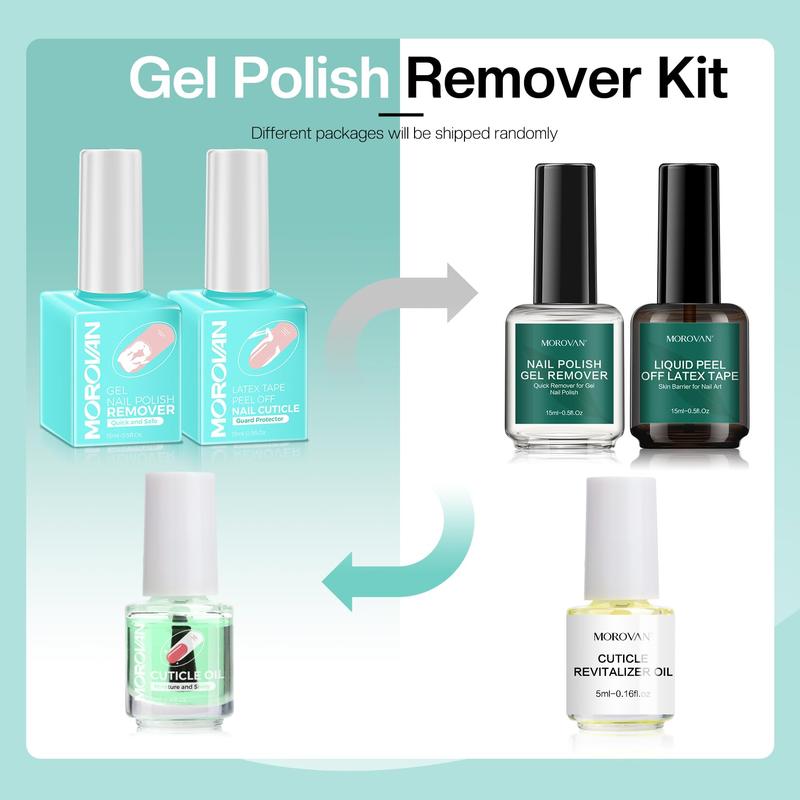 MOROVAN Gel Polish Remover Kit - Gel Nail Polish Remover Set with Latex Tape Peel Off Liquid with Cuticle Pusher Peeler Cuticle Oil Nail File Cleaner Quick & Easy No Need for Foil Soaking Or Wrapping