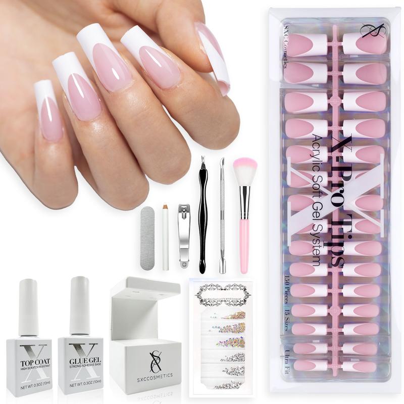 SXC Cosmetics French Tip Press On Nails, Pink Starter Kit, Ultra Fit with Pre-applied Tip Primer and Base Coat, Nail Art DIY X-Pro Tips Kit Nail Care