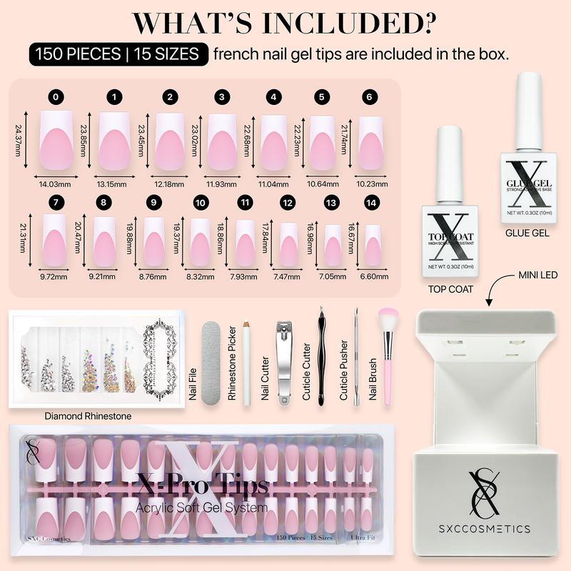 SXC Cosmetics French Tip Press On Nails, Pink Starter Kit, Ultra Fit with Pre-applied Tip Primer and Base Coat, Nail Art DIY X-Pro Tips Kit Nail Care