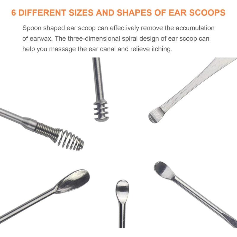 Ear Wax Removal kit, Ear Cleaner, 6-Piece Stainless Steel Ear Pick and Portable Storage Box, Remove Earwax Anytime Anywhere (Silvery)