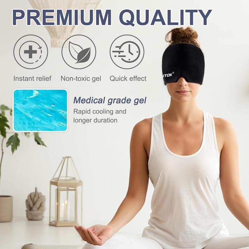 Migraine Headache Relief Cap with Gel Ice Pack, Adjustable Hot and Cold Therapy Wrap for Migraines, Sinus Pressure, and Stress Relief (Black) Headache and Eye Mask for Puffy Eyes, Tension, and All-Night Comfort – Soothing Relief for Men and Women.