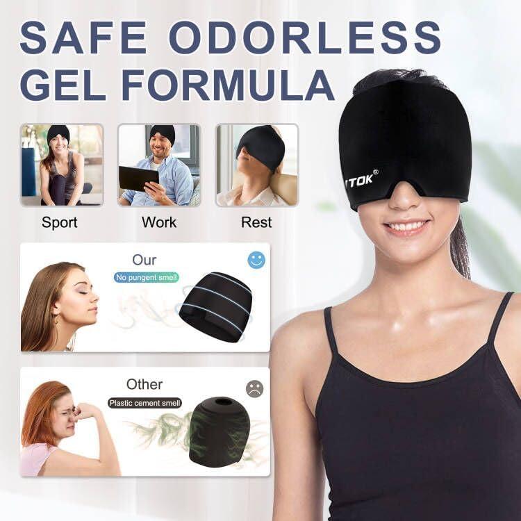 Migraine Headache Relief Cap with Gel Ice Pack, Adjustable Hot and Cold Therapy Wrap for Migraines, Sinus Pressure, and Stress Relief (Black) Headache and Eye Mask for Puffy Eyes, Tension, and All-Night Comfort – Soothing Relief for Men and Women.