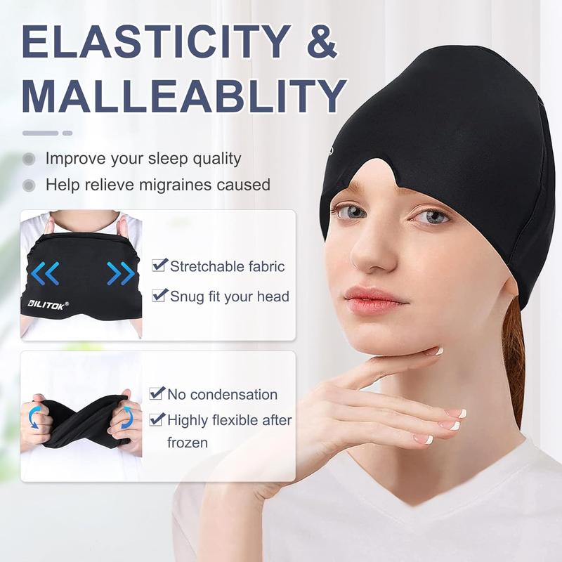 Migraine Headache Relief Cap with Gel Ice Pack, Adjustable Hot and Cold Therapy Wrap for Migraines, Sinus Pressure, and Stress Relief (Black) Headache and Eye Mask for Puffy Eyes, Tension, and All-Night Comfort – Soothing Relief for Men and Women.